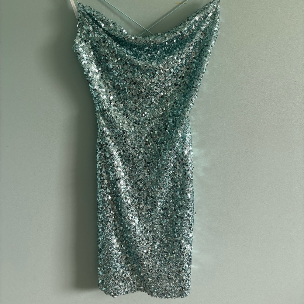 medium winter blue sparkly open back dress Windsor